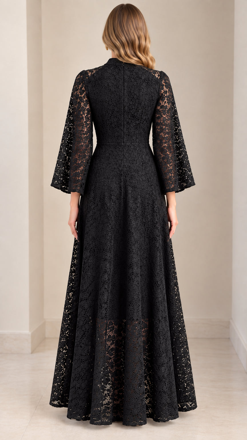 Back view of woman wearing Black lace maxi dress with hidden back zipper