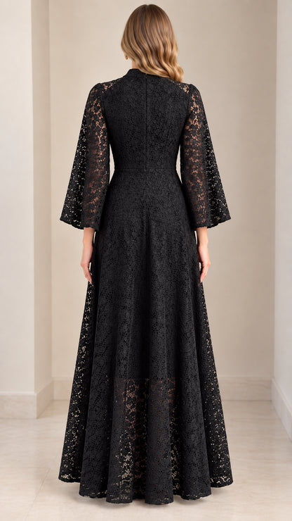 Back view of woman wearing Black lace maxi dress with hidden back zipper