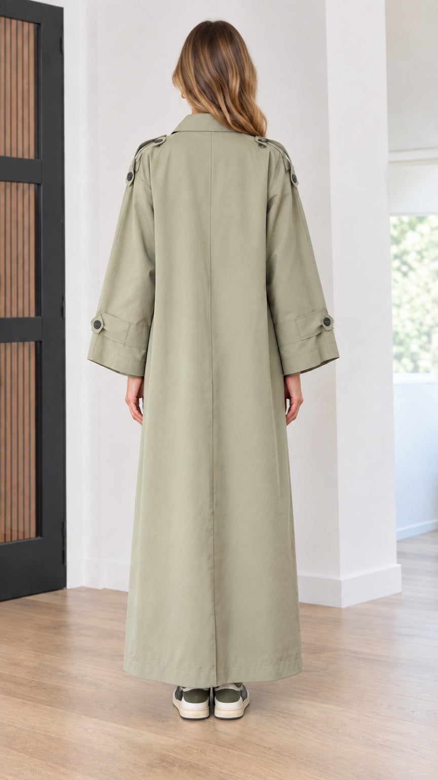 Back view of long trench dress showing inverted pleat in sage green