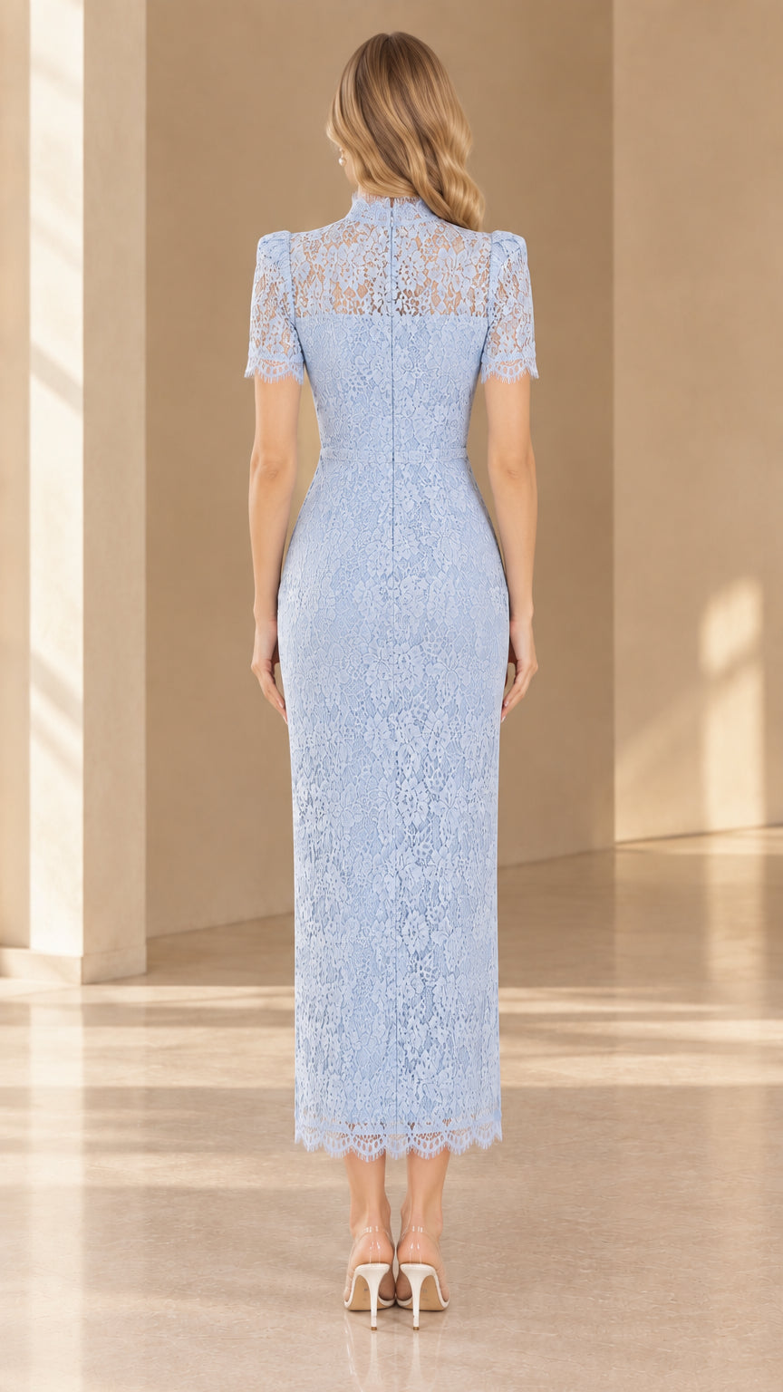 Back view of light blue lace maxi dress showing zip closure