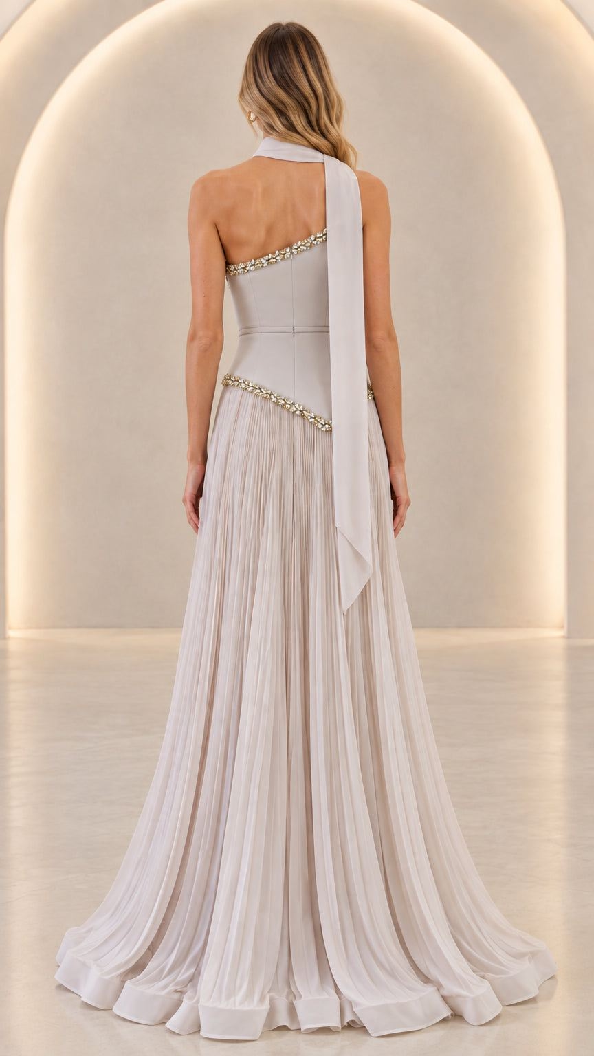 Back view of the Silver Grey Formal Gown highlighting cascading neck drape