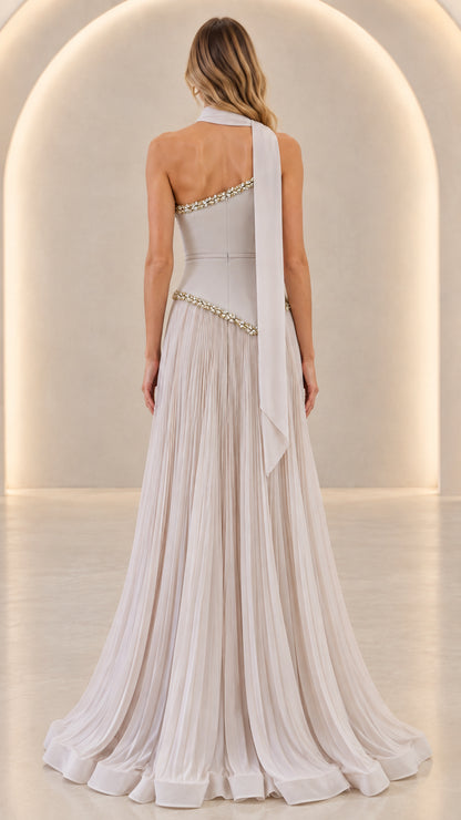 Back view of the Silver Grey Formal Gown highlighting cascading neck drape