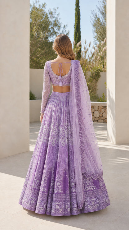 Back view of lavender embroidered lehenga choli showing back blouse details