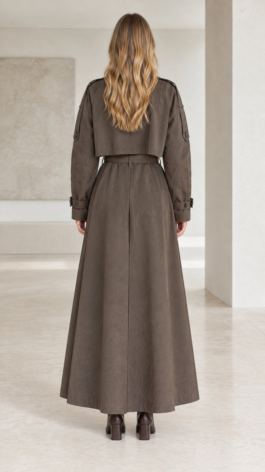 Back view of taupe maxi trench coat showing classic storm flap detail