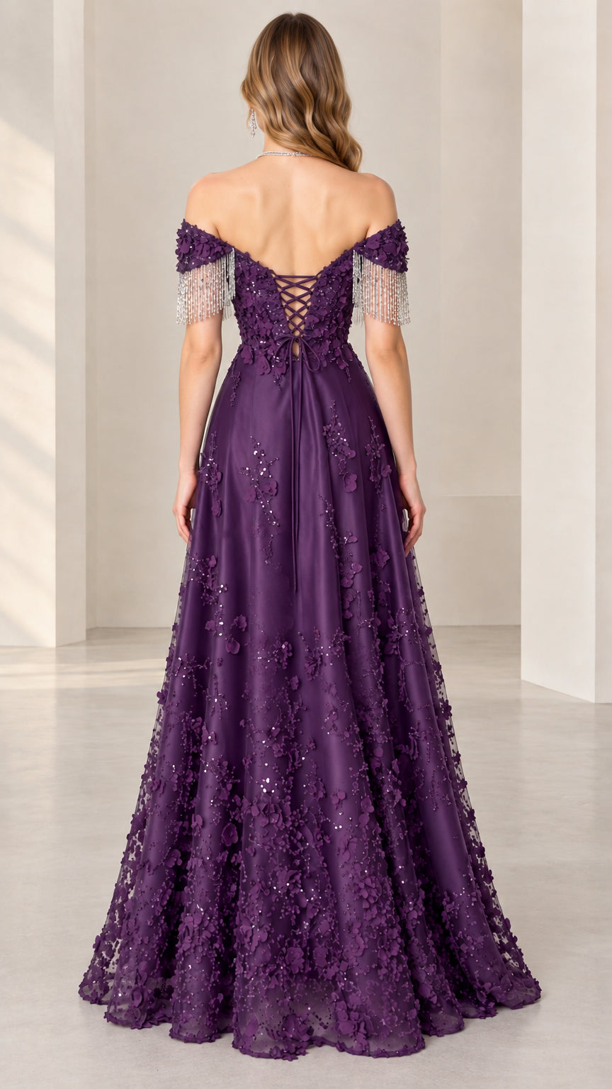 Back view of purple formal gown showing adjustable lace-up corset back and beaded fringe