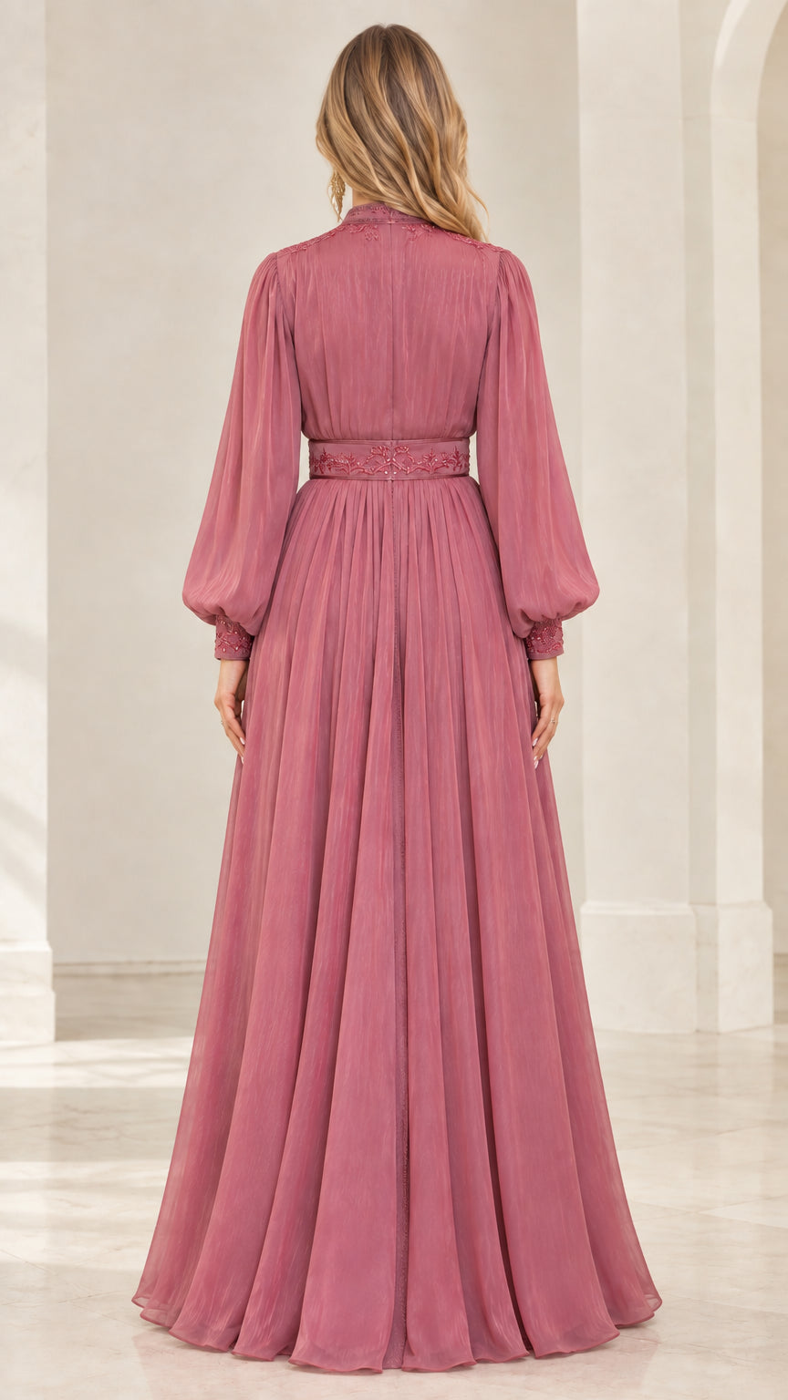 Dusty rose A-line floor-length evening gown back view