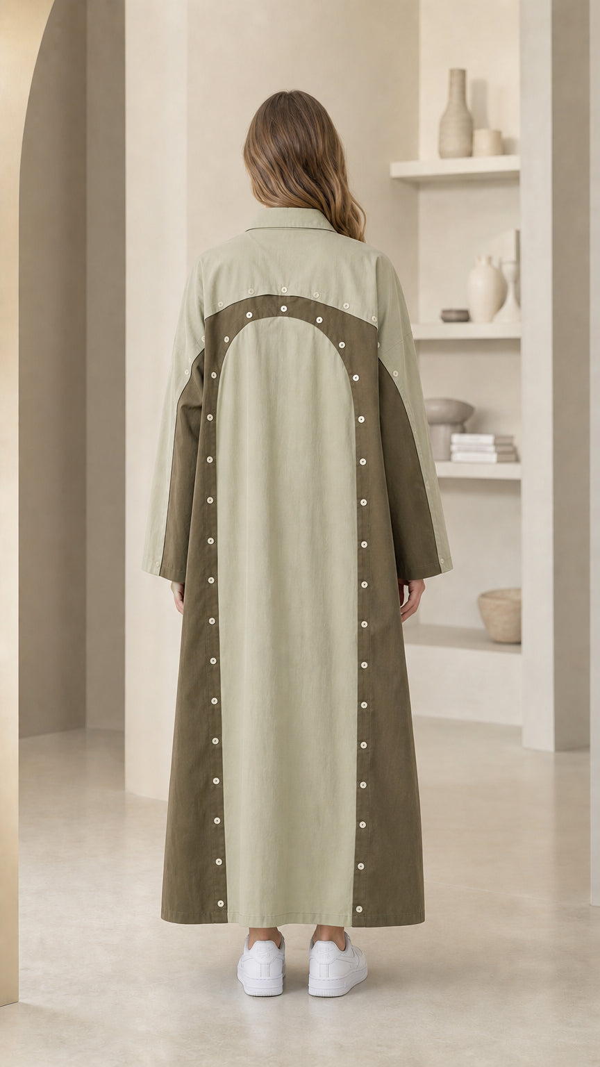 Back view of Sage Green colorblock maxi dress showing arched panel