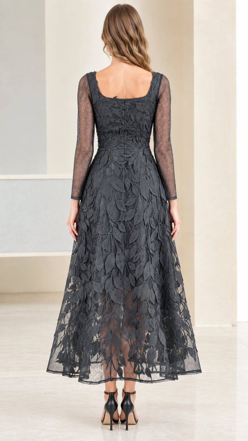 Back view of Charcoal Grey square back long sleeve lace evening gown
