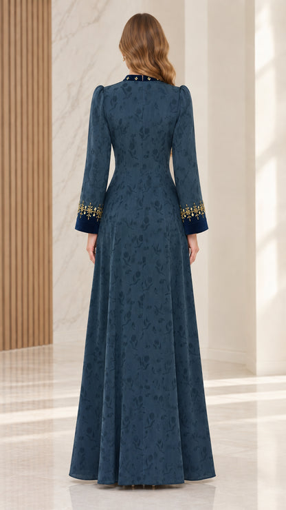 Back view of teal blue floral jacquard modest maxi dress