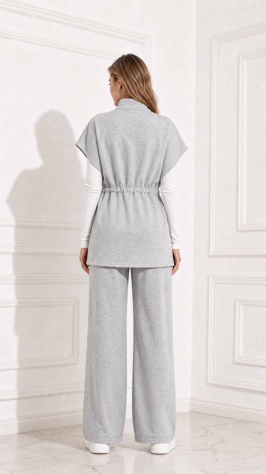 Back view of women's heather grey 2-piece casual lounge set highlighting cinched waist