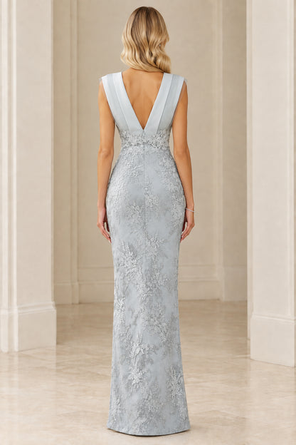 Back view of Ice Blue gown showing deep V-back and lace detailing