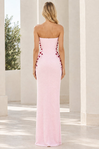 Back view of model in Blush Pink strapless floor-length column dress with back zipper