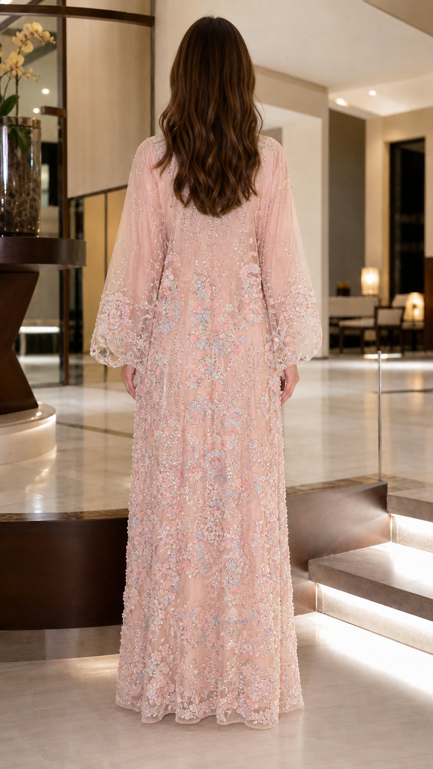Back view of blush pink embroidered sequin kaftan maxi dress