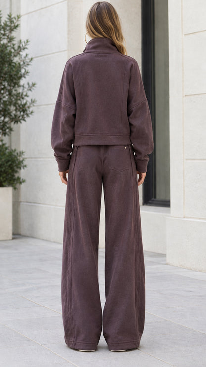 Back view of woman wearing Espresso wide-leg loungewear pants and jacket
