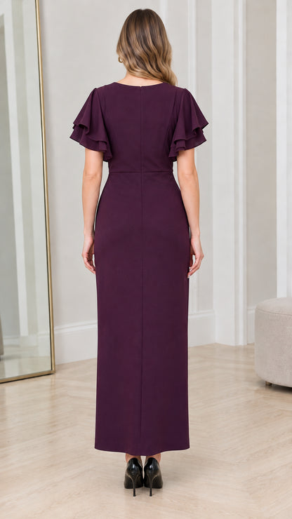 Back full view of woman wearing Plum tailored maxi dress
