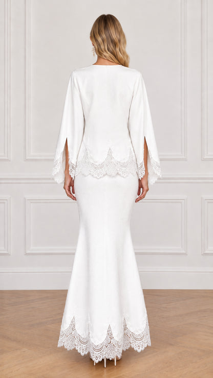 Back view of white lace trim two-piece maxi set
