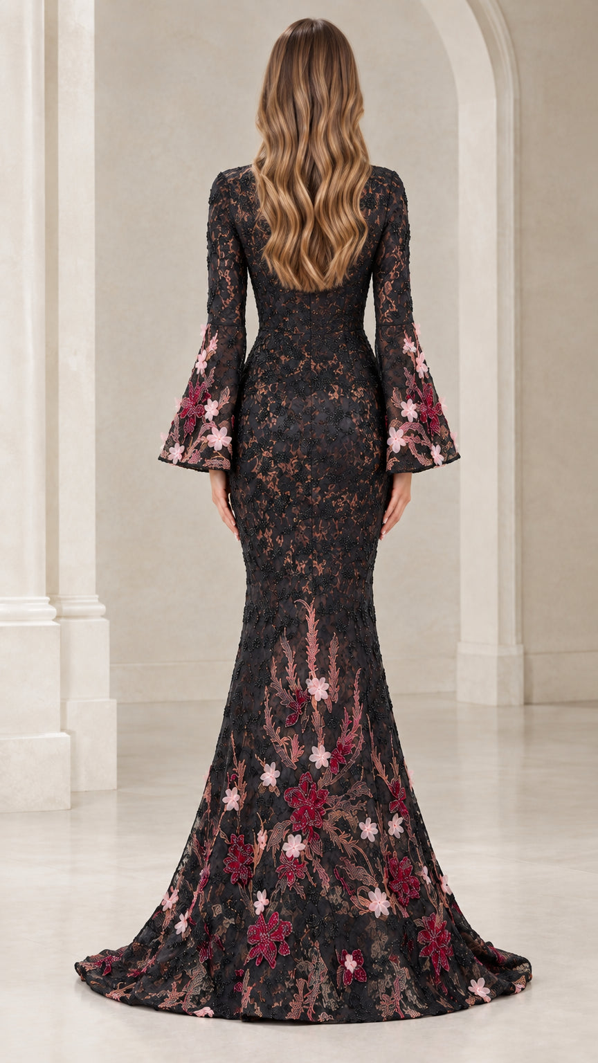 Back view of black lace evening dress with elegant trailing mermaid train