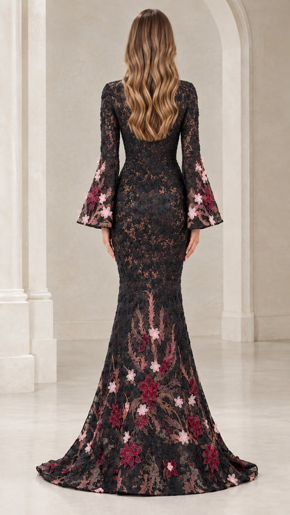 Back view of black lace evening dress with elegant trailing mermaid train