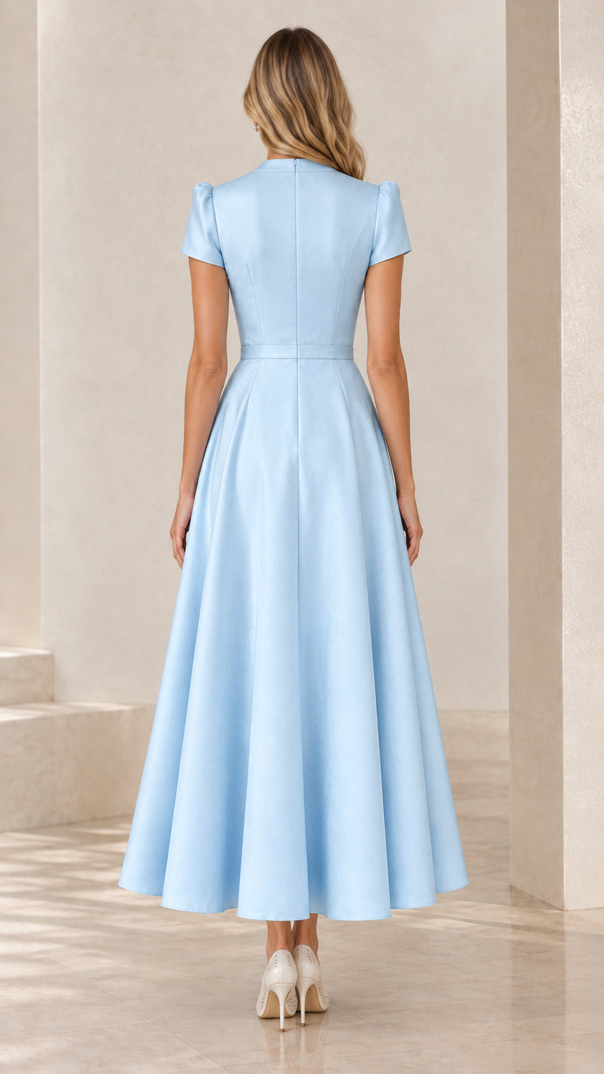 Back view of light blue A-line formal dress showing fitted bodice and flowing skirt