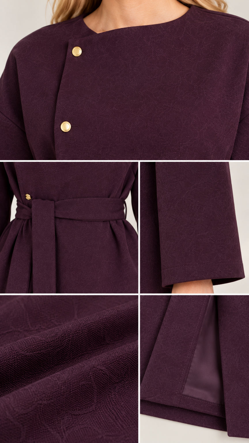 Close-up details of gold-tone buttons, fabric weave, belt, and hem stitching on deep plum set