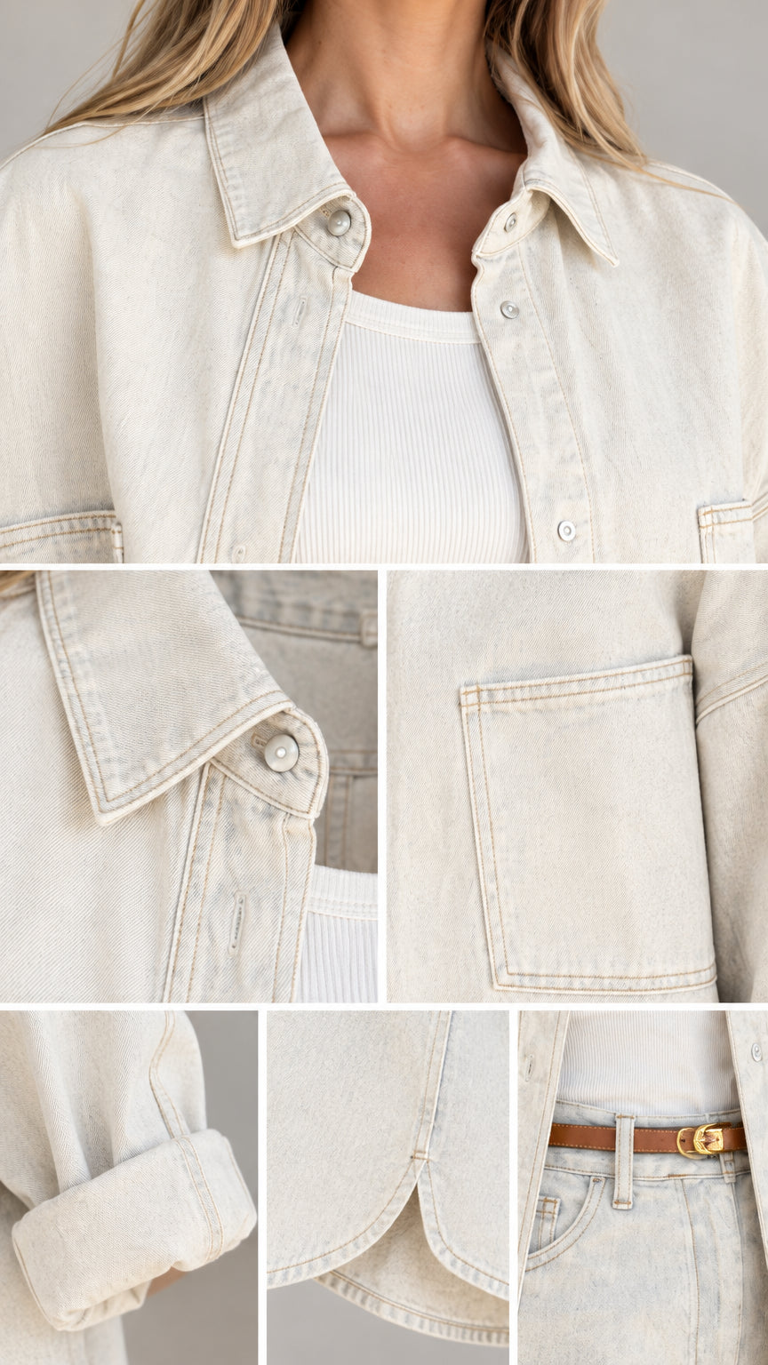 Close-up details of button-down shirt collar, chest pocket, cuff, and curved hem