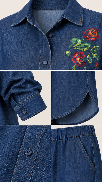 Close-up details of collar rose embroidery, cuff buttons, curved hem, and pant elastic waistband with pockets