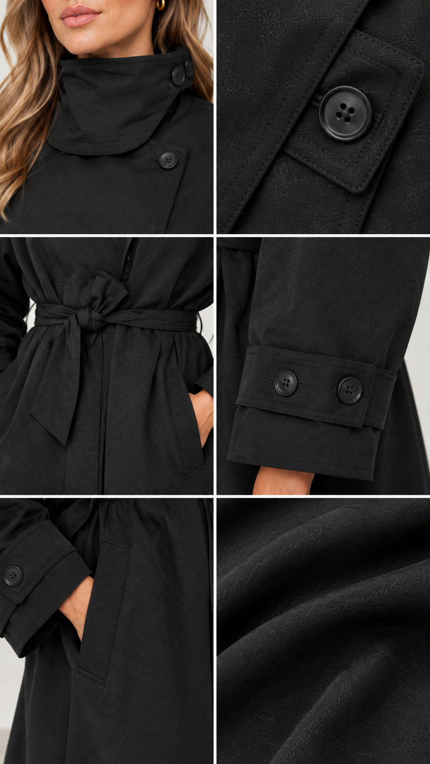 Detailed close-ups of black trench coat collar button, belt knot, cuff buttons, and fabric texture