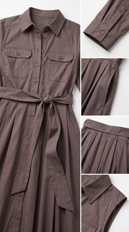 Detailed product shots of collar, buttoned cuffs, side pockets, and pleating