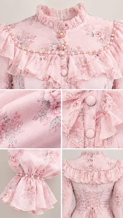 Close-up detail of pearl bead trim, ruffled collar, covered buttons, and smocked cuffs on pink floral dress