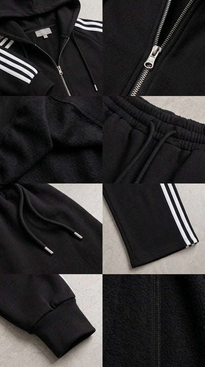 Detailed close-ups of fabric texture, zip hardware, drawstring, and striped cuffs