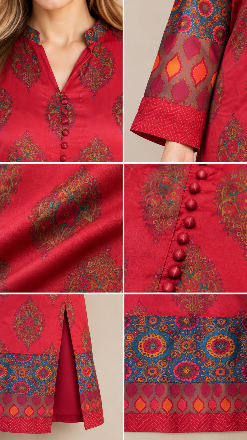 Detailed close-ups of neckline buttons, sleeve cuff print, fabric texture, and hem slit