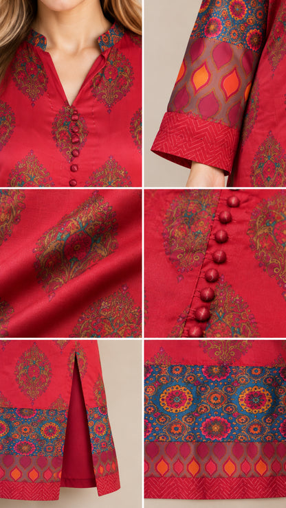Detailed close-ups of neckline buttons, sleeve cuff print, fabric texture, and hem slit