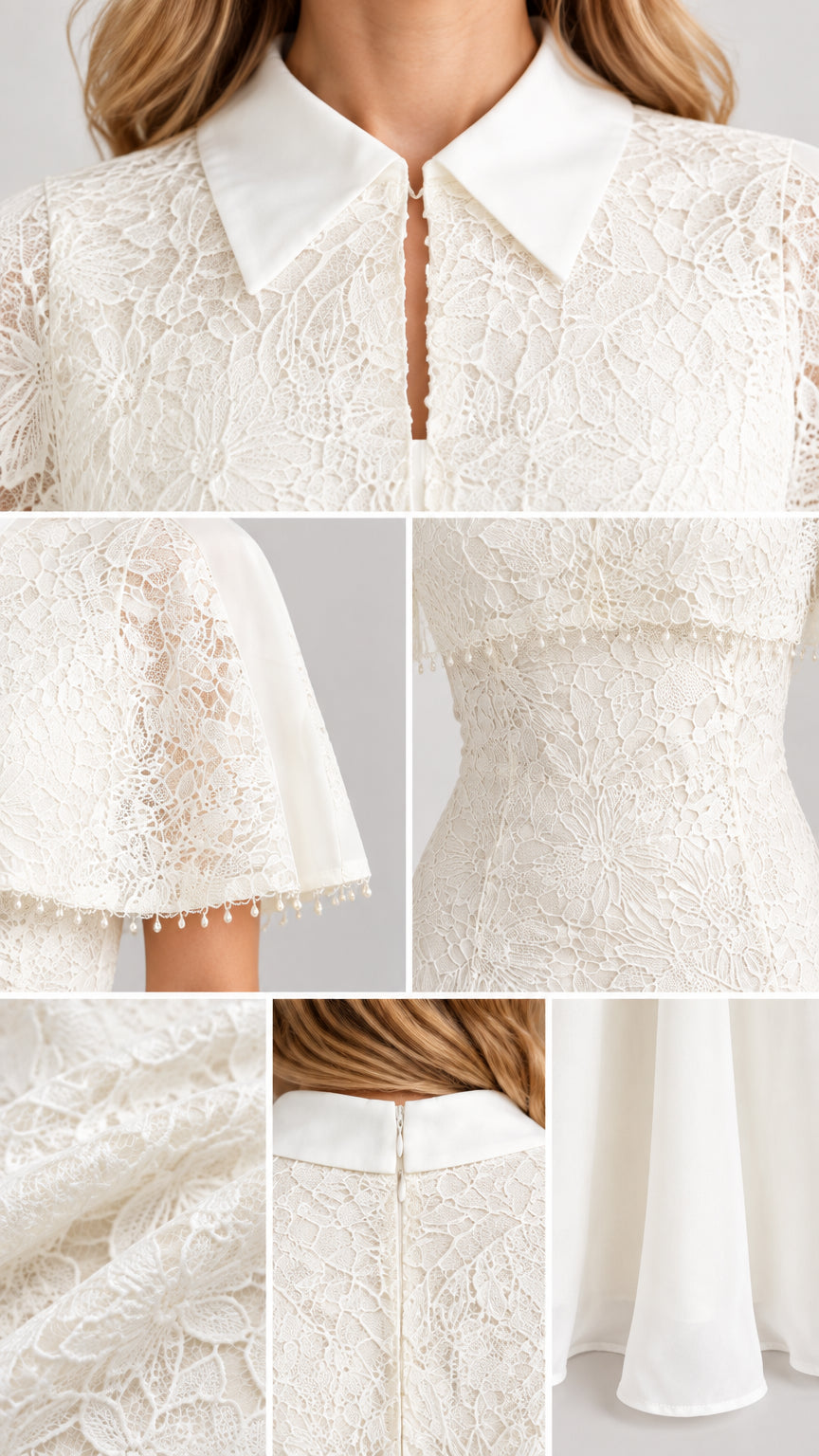 Close-up detail collage showing collar, lace texture, and beaded capelet hem