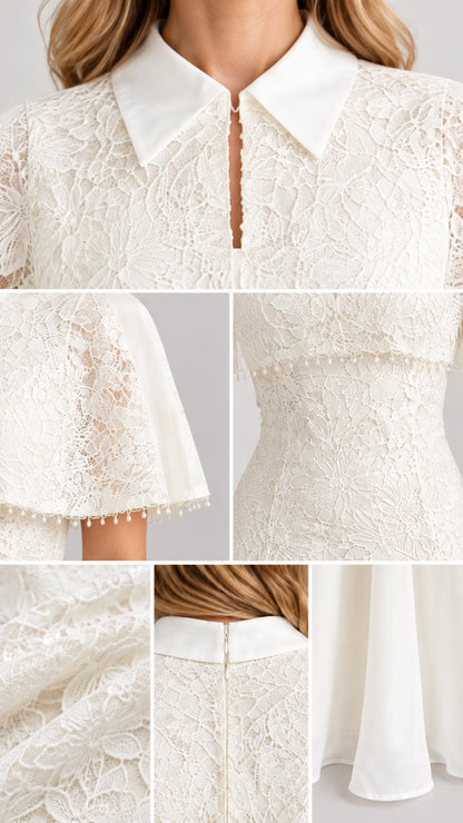 Close-up detail collage showing collar, lace texture, and beaded capelet hem
