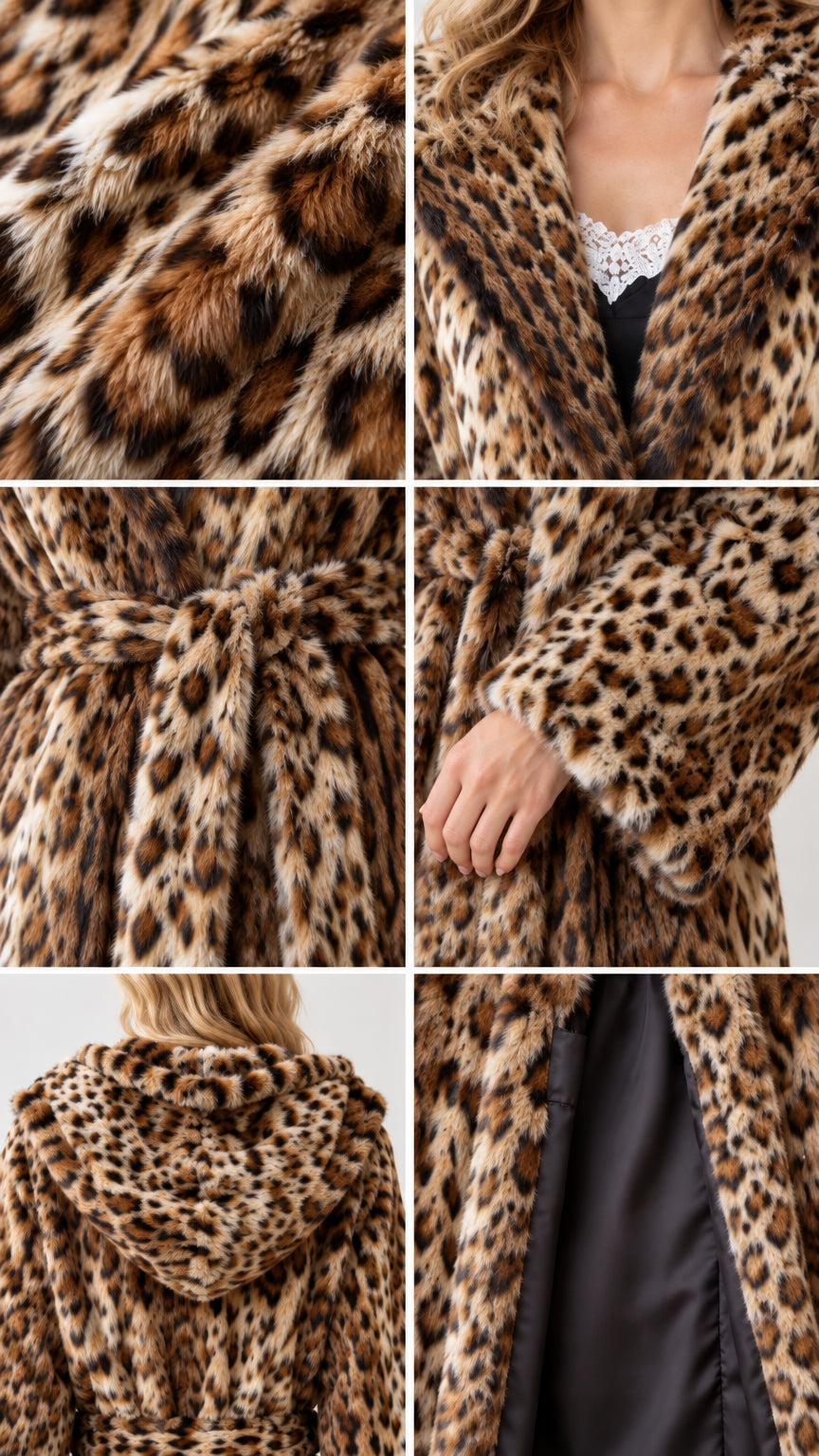 Close-up details of leopard faux fur texture, hood, belt tie, and interior lining