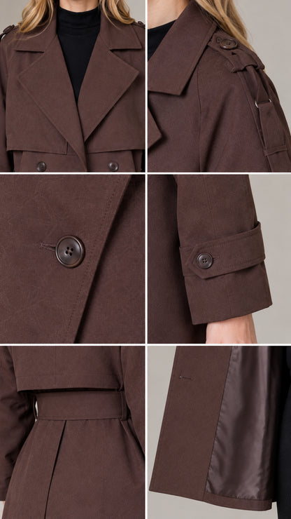 Close-up details of collar, shoulder tabs, buttons, and lining on brown trench coat