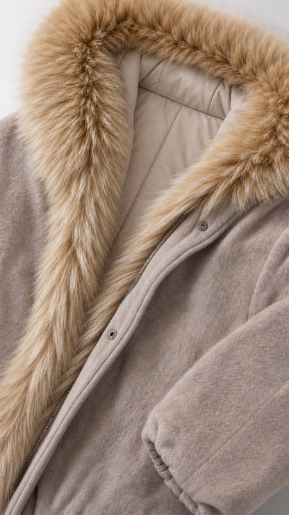 Close-up detail of beige coat faux fur shawl collar, soft fabric texture, and zipper closure
