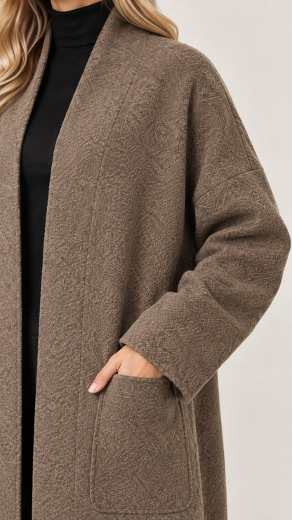 Close-up detail of textured fabric and pocket on mocha coatigan