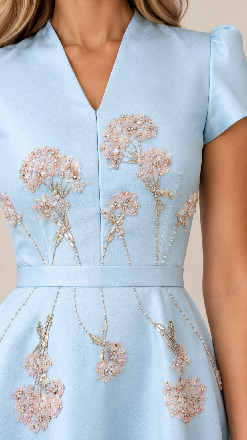 Close-up detail of V-neckline and intricate floral embroidery on light blue evening dress