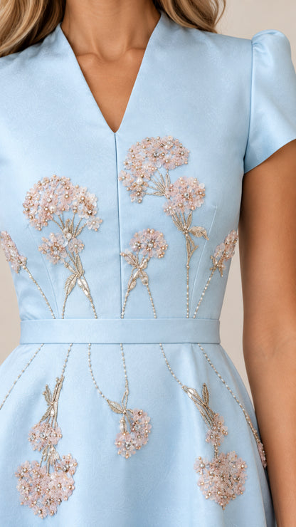 Close-up detail of V-neckline and intricate floral embroidery on light blue evening dress