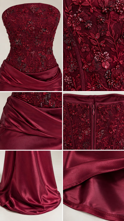 Close-up details of floral beading, sequins, draped satin waist, and zipper closure