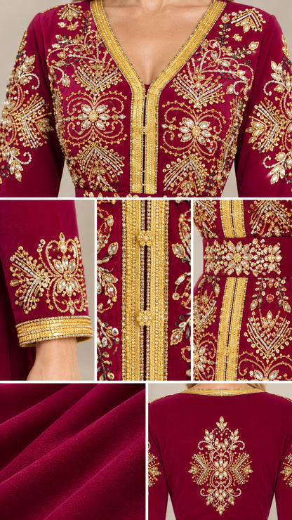 Close-up detail of gold embroidery, trim, and soft velvet fabric on kaftan dress