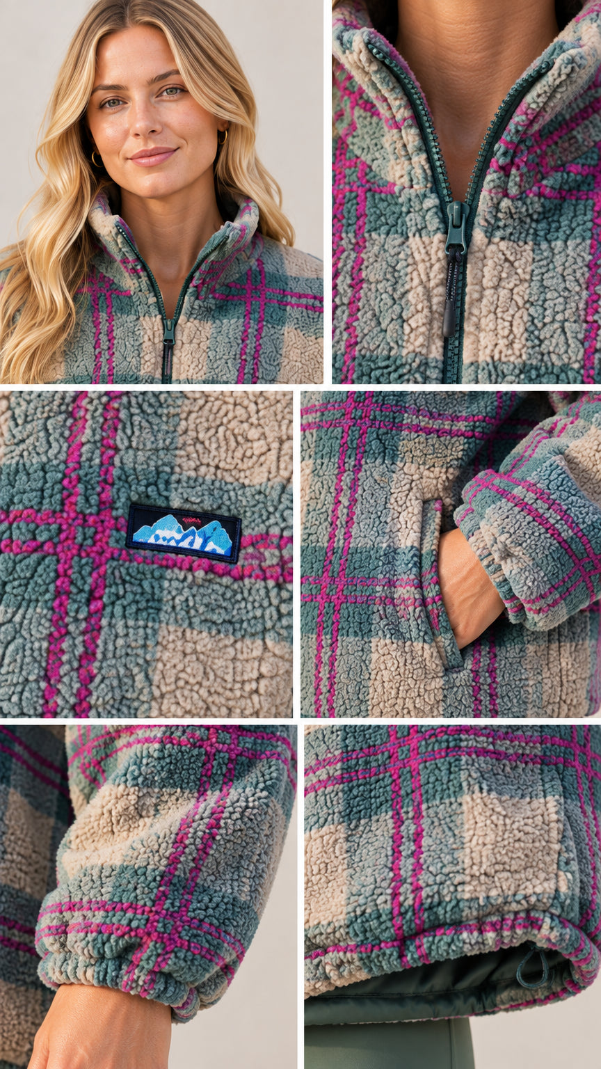 Close-up details of collar, zip, patch, pocket, and elastic cuff on sherpa jacket