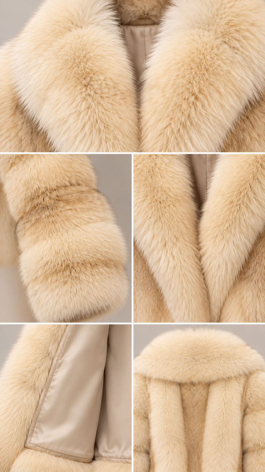 Detailed close-up views of Champagne Beige faux fur jacket collar, cuff texture, lapel, and smooth inner lining