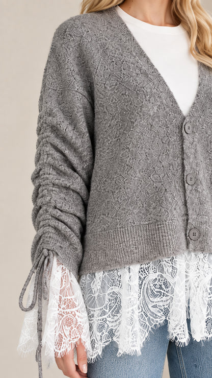 Close-up detail shot of grey knit cardigan showcasing ribbed buttons, ruched sleeve ties, and white eyelash lace