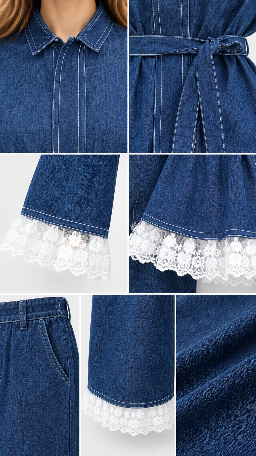Detailed close-up collage of collar, tie waist, delicate lace trim cuffs, and trouser hem