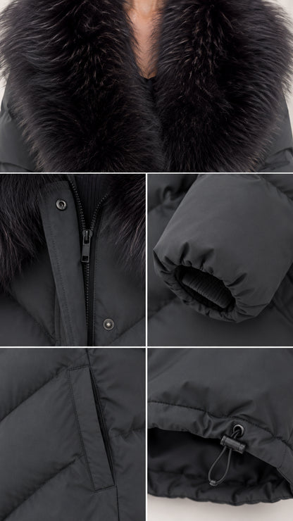Close-up details of faux fur collar, zipper and snap closure, elastic cuff, and toggle hem