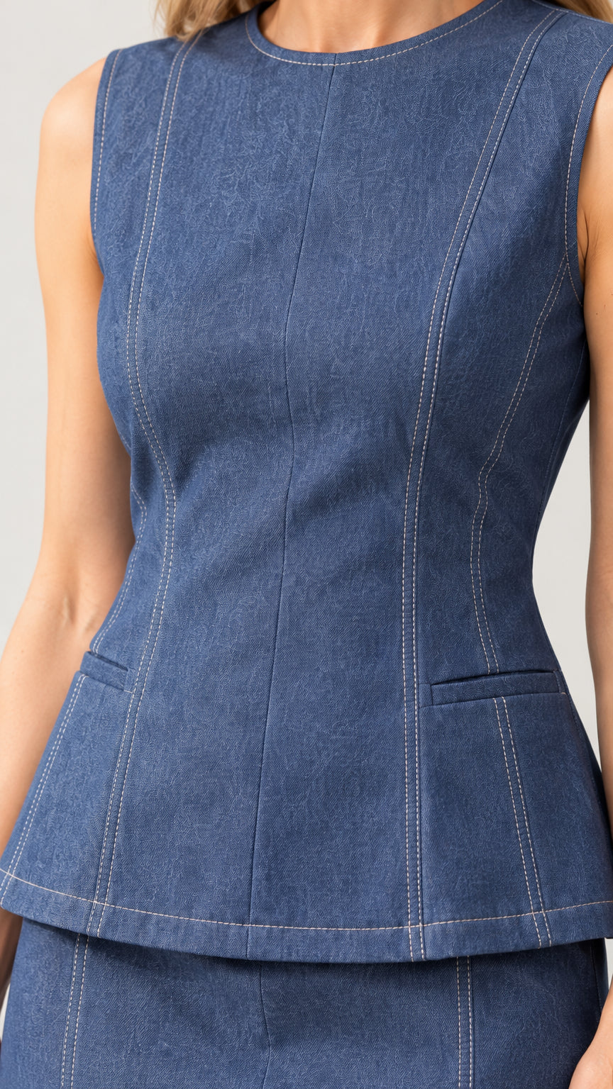 Close-up detail of Denim Blue peplum top showing contrast stitching and waist seams