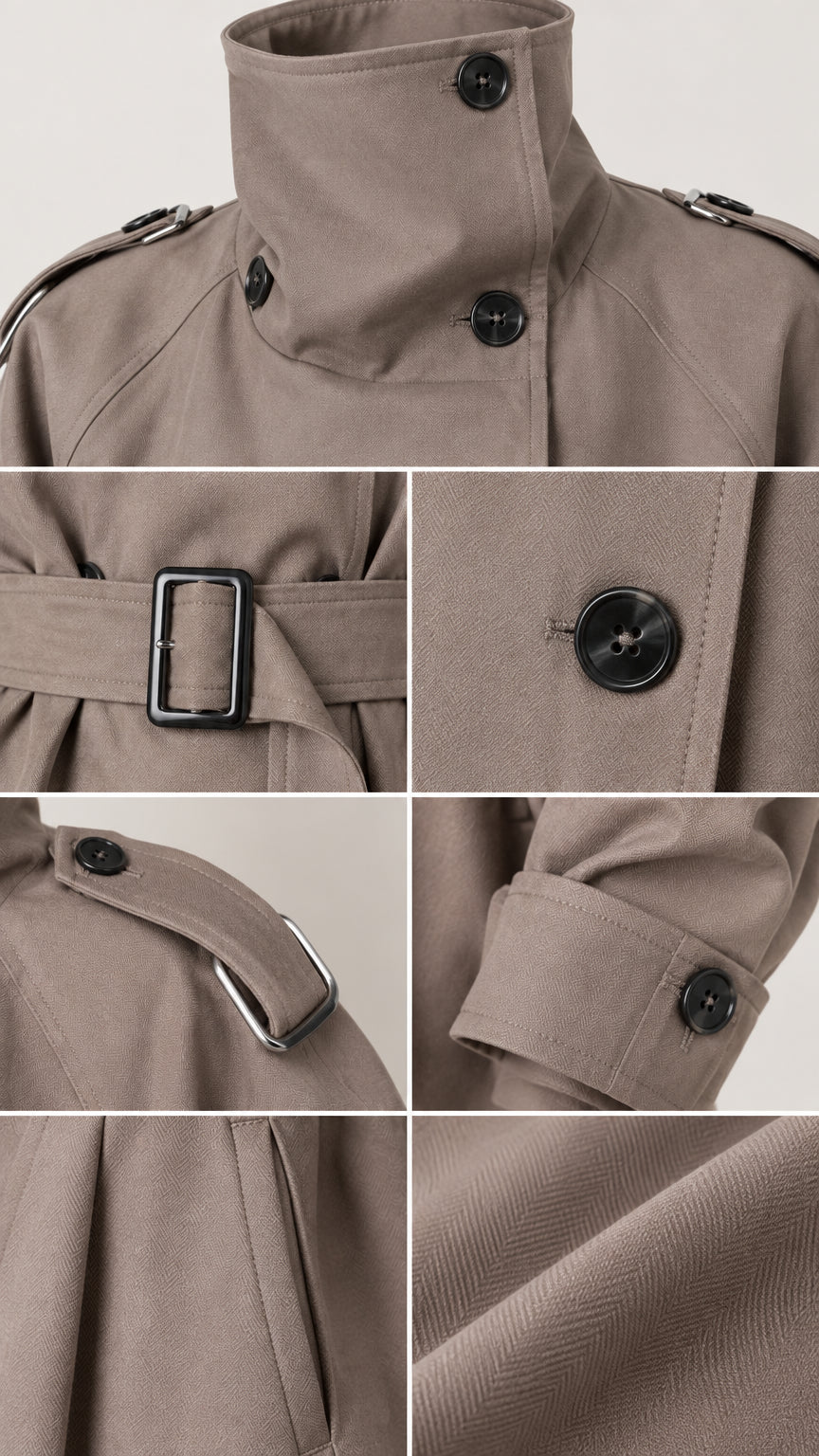 Close-up details of funnel neck collar, belt buckle, buttons, and woven fabric texture