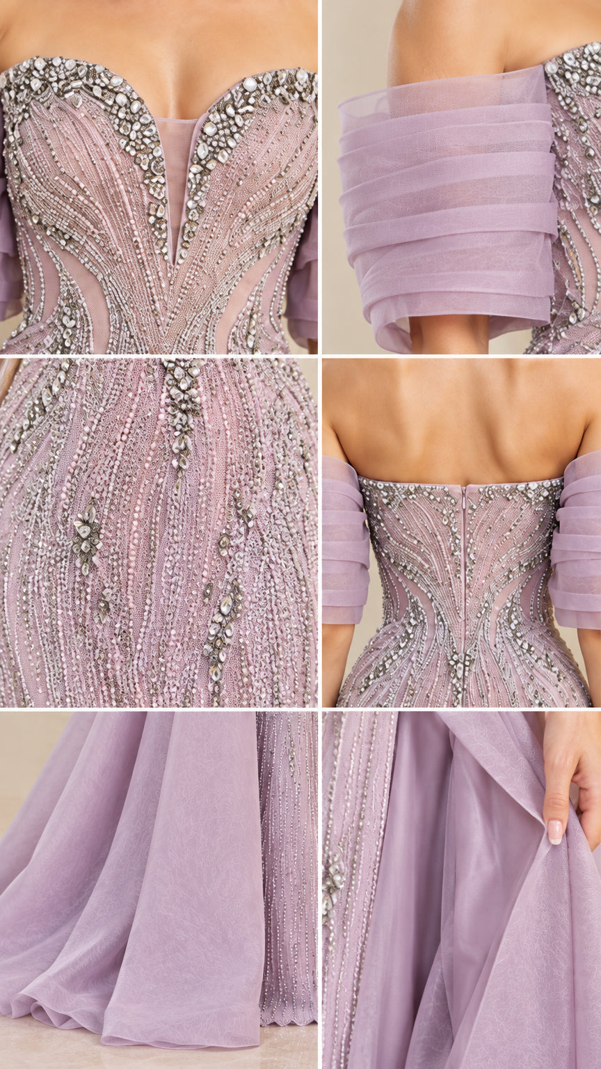 Close-up details of beaded sweetheart bodice, pleated sleeves, and tulle fabric